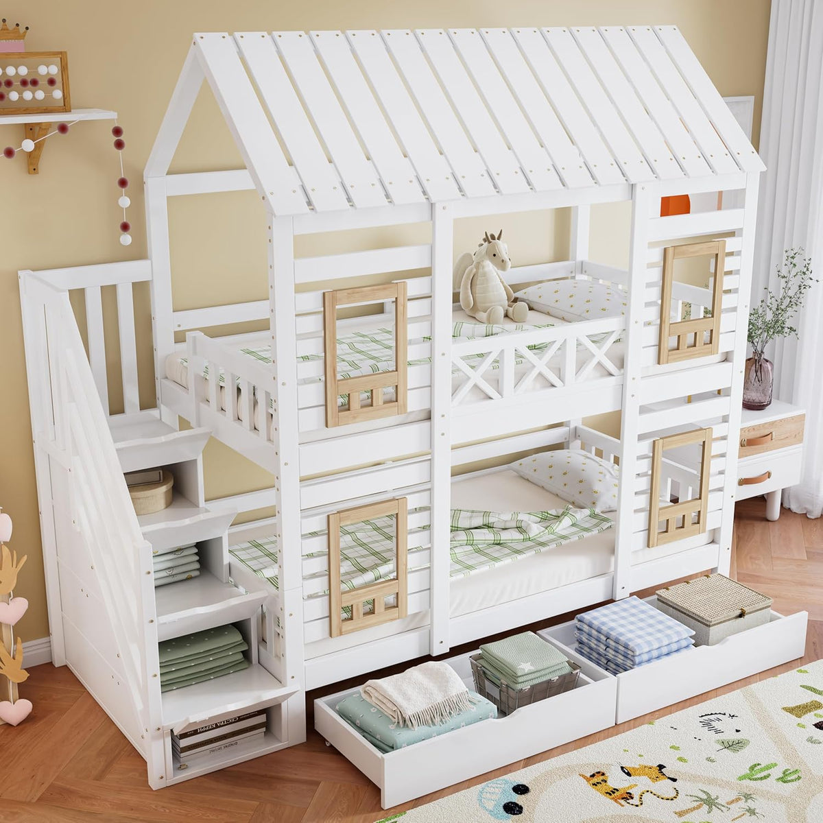 Kinderbett Etagenbett 90 x 200, Hausbett für 2 Kinder, Hochbett mit Lattenrost, Treppe mit 4 Ablagefächern, Rausfallschutz, Zwei Schubladen mit Rollen, Baumhaus Bett mit Fenster und Dach