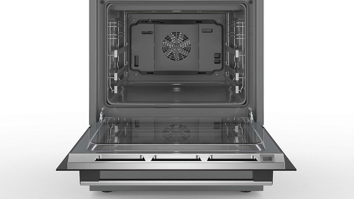 Bosch HKR39C250 Serie 4 Elektro-Standherd, 60 cm breit, EcoClean Direct Reinigungshilfe, 3D Heißluft Backen auf 3 Ebenen, LED-Display-Steuerung, erweiterbare Kochzone für großes Kochgeschirr