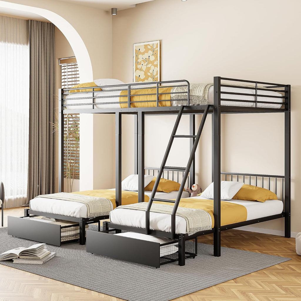 Dreifaches Etagenbett mit Schubladen, Metallbettrahmen, umwandelbar in 140 x 200 Doppelbett und Zwei 90 x 200 Einzelbetten, multifunktionales Metallrahmenbett, Schwarz