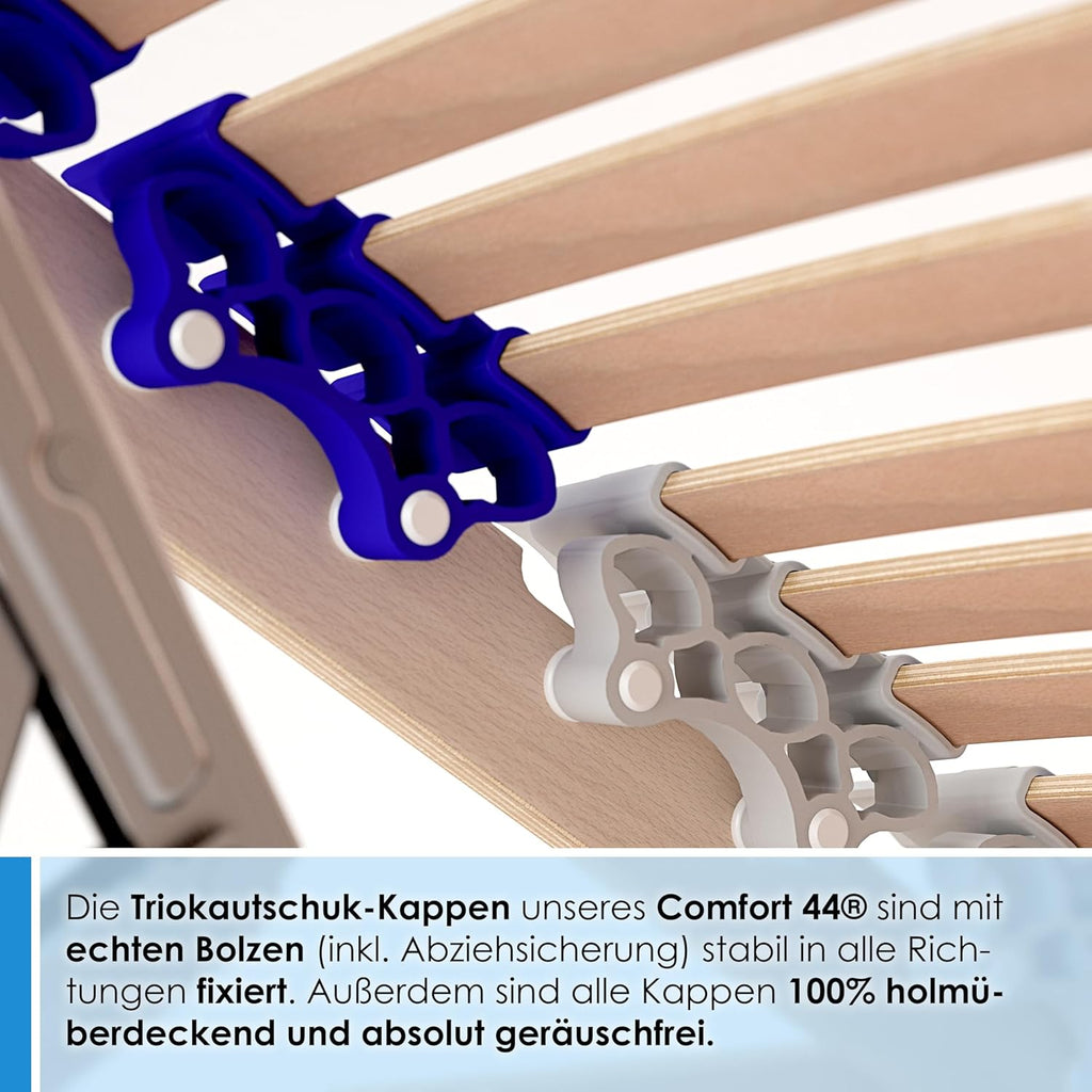 Stabiler Lattenrost 100% BUCHE - Kopf- und Fußteil verstellbar - SCHULTERFRÄSUNG, 7 Zonen, 44 Federleisten, Härte-Regulierung, Mittelgurt - Comfort 44® Vario - 100% fertig montiert (140x200cm)