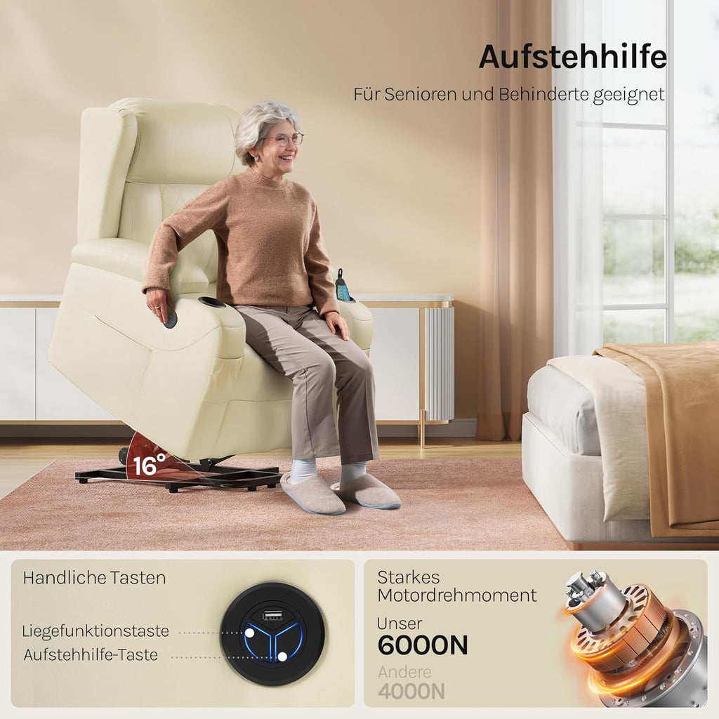 WOLTU Massagesessel, elektrisch verstellbar, mit Liegefunktion Aufstehhilfe, Massage Heizung Fußstütze Seitentaschen Becherhaltern USB-Port, Kunstleder, Beige