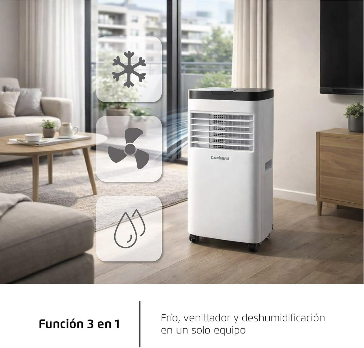 Corberó 3-in-1-Klimaanlage mit Fernbedienung | CPC09 | 2600 W | 12-18 m² | 16-31 °C | Kühlung | Heizung | Entfeuchtung | 2 Geschwindigkeiten | 24h Timer