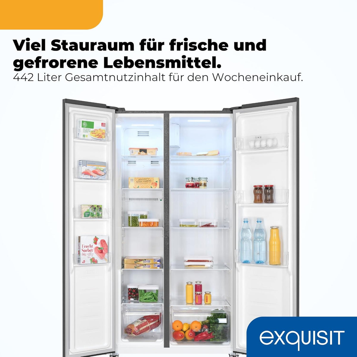 Exquisit Side-by-Side Kühlschrank | 442 l Nutzinhalt, Energieeffizienzklasse D, 39 dB(A) | No Frost Kühlen und Gefrieren, Schnellgefrieren, Temperaturregelung, LED-Display | SBS546-040D anthrazit