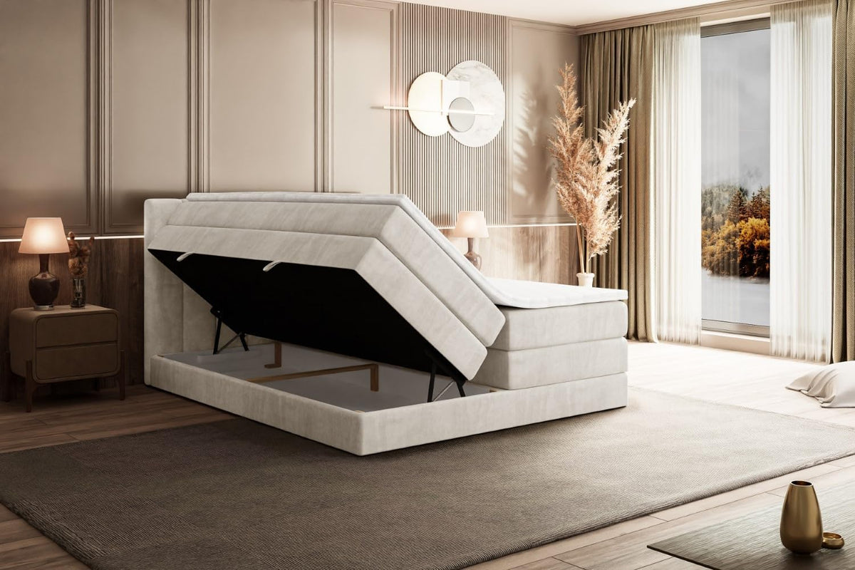 ALTDECOR Boxspringbett mit Matratze und Lattenrost, Topper, Polsterbett mit Bettkasten, Bett mit Stauraum H3- und H4- Matratze, Doppelbett, Springboxbett - OTTA King - 180x200 - Beige Samt