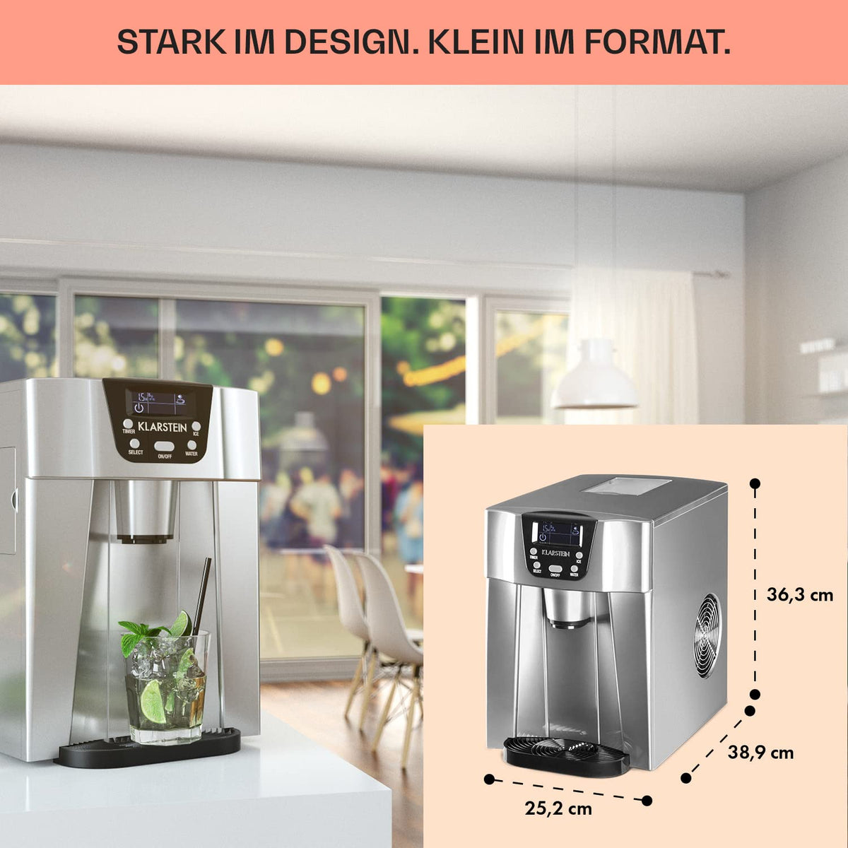 Klarstein Eiswürfelmaschine Klein, 2 L Eiswürfelbereiter  und  Wasserspender, Eiswürfelmaschine für 12 kg Große und Kleine Eiswürfel, Schnelle Mini mit Alarm
