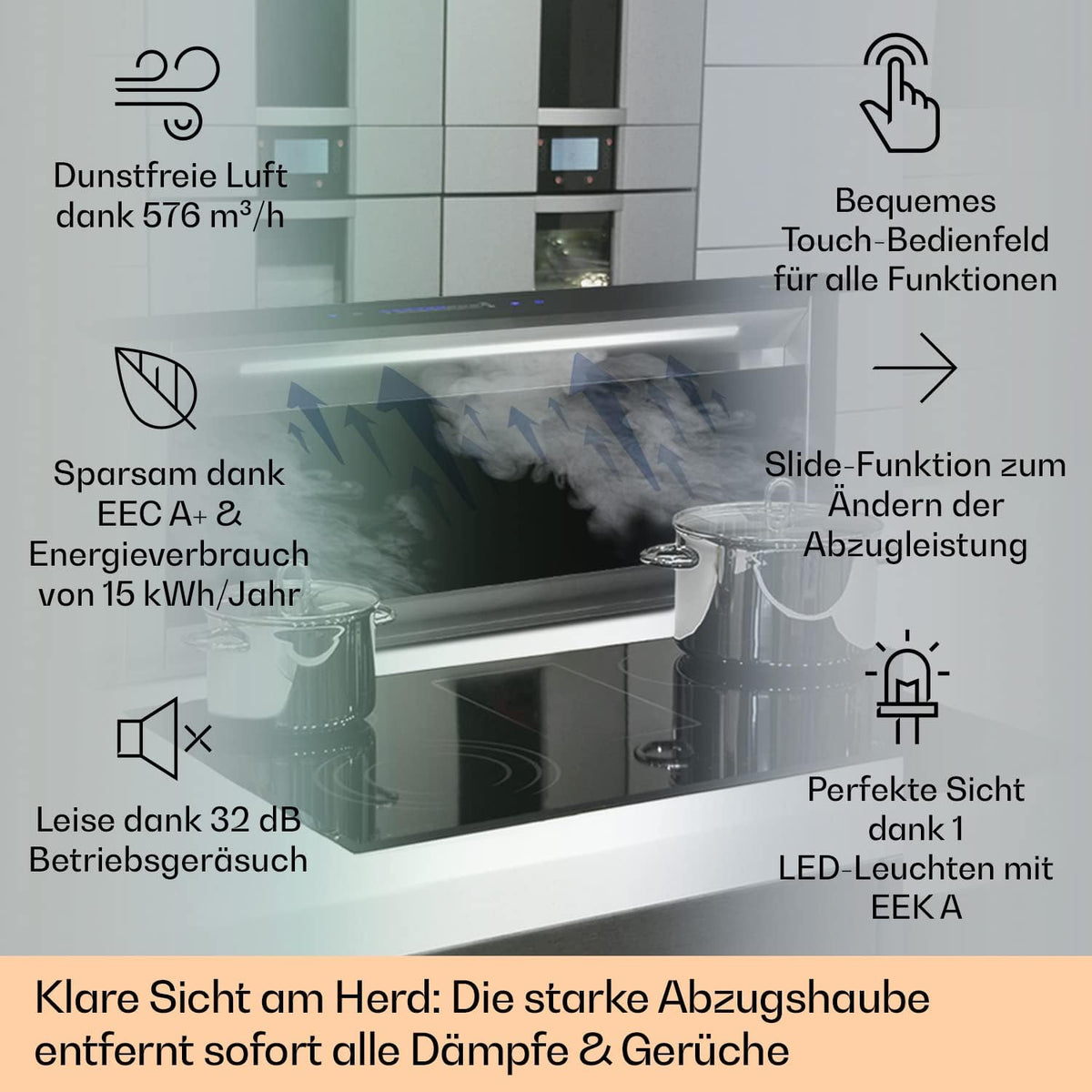 Klarstein Downdraft-Dunstabzugshaube, Versenkbare Abzugshaube, Leise Dunstabzugshauben mit Filter, Dunstabzugshaube 60cm, Umluft/Abluft Dunsthaube mit 10 Stufen, Dunstabzug 576 m³/h Luftstrom