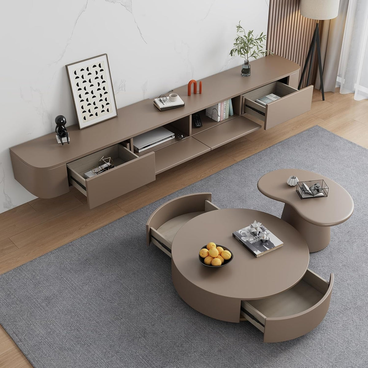 Schwebender TV-Ständer, Wandmontierte TV-Regale Mit Tür, TV-Medienkonsole, Schwebender TV-Schrank, Große TV-Bank Mit Stauraum Unter Dem Fernseher(Khaki,300CM/118.1")