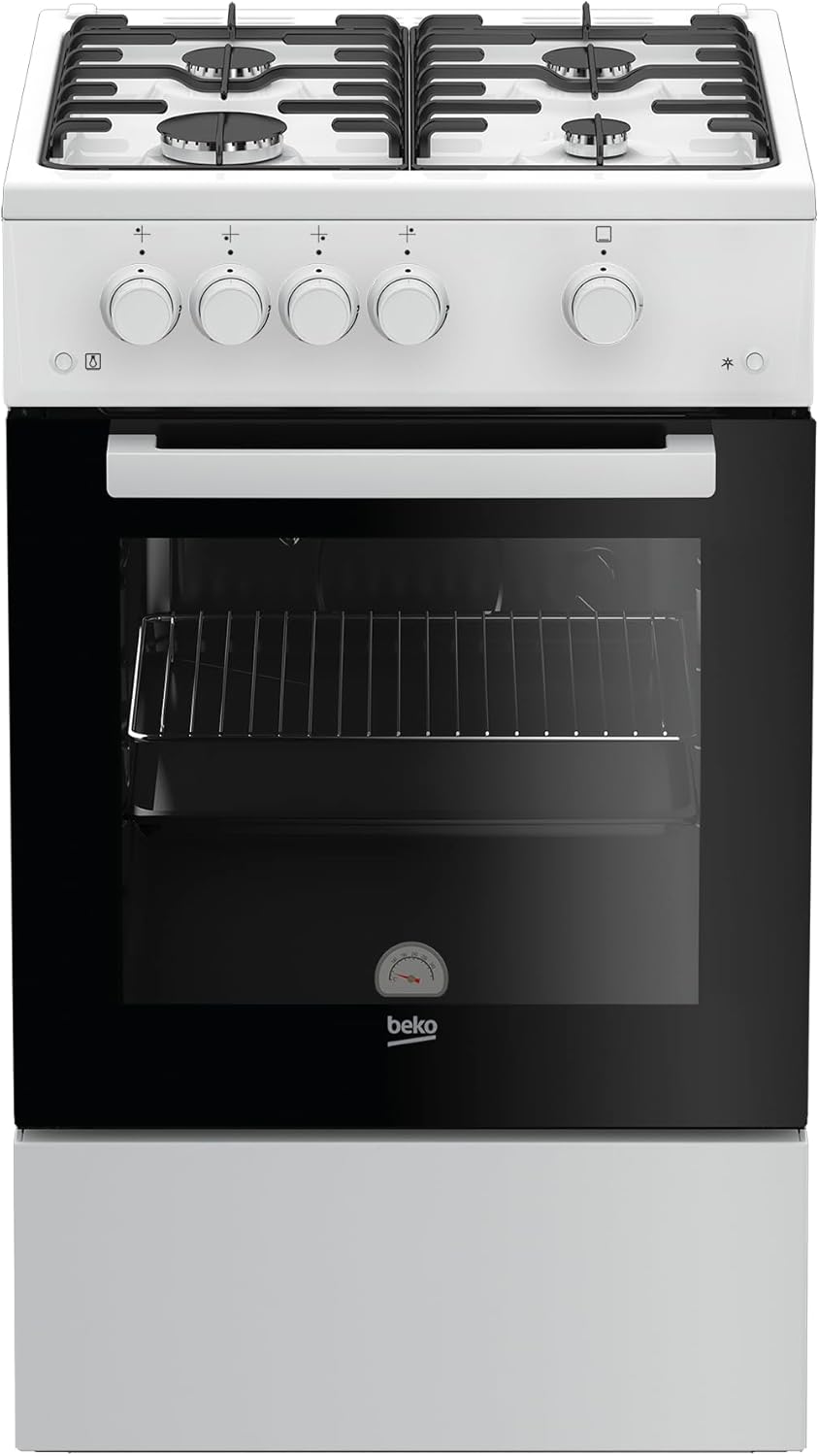 Beko FSG52010FW Freistehender Gasherd, Gasbackofen mit Gaskochfeld, 50 cm, 4 Kochzonen, Gasbackofen mit Elektrozündung und Innentemperaturanzeige, herausnehmbares Innenglas, Weiß
