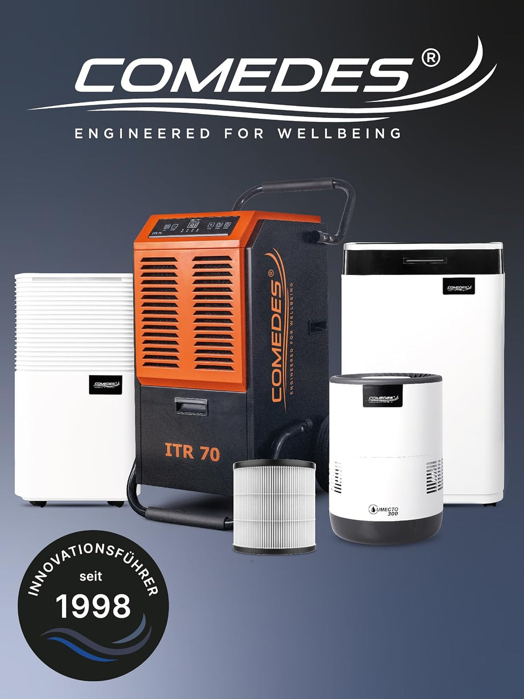 Comedes Umecto 600, für Räume bis 82m², Kaltverdunstung, Tank 4 l, Befeuchtungsleistung bis zu 600 ml/h, 7 Farben Luftfeuchtigkeitsindikator, Automatikmodus, Smart-Home fähig