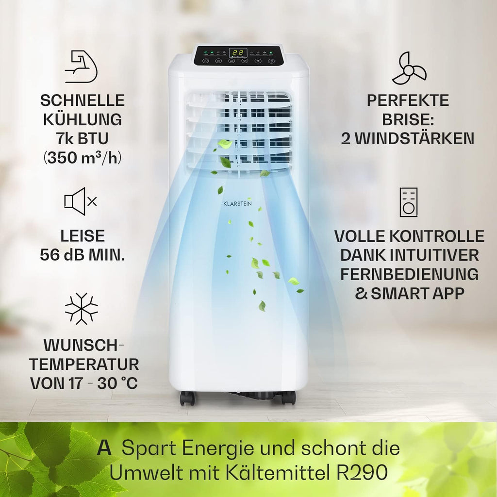 Klarstein Mobile Klimaanlage mit Abluftschlauch, 3-in-1 Klimagerät mit Ventilator & Luftentfeuchter, Kleine & Portable Klimaanlage für Wohnung & Büro, mit Nachtmodus & App-Steuerung, 7000 BTU