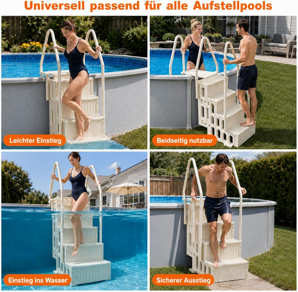 Poolleiter 4-stufig, Weiße HDPE Pooltreppe mit Doppelhandlauf und rutschfest, Maximale 180 kg Tragkraft für Aufstellpool 122–137 cm, Gartenpool, Eingelassene Pools, Familien & Senioren