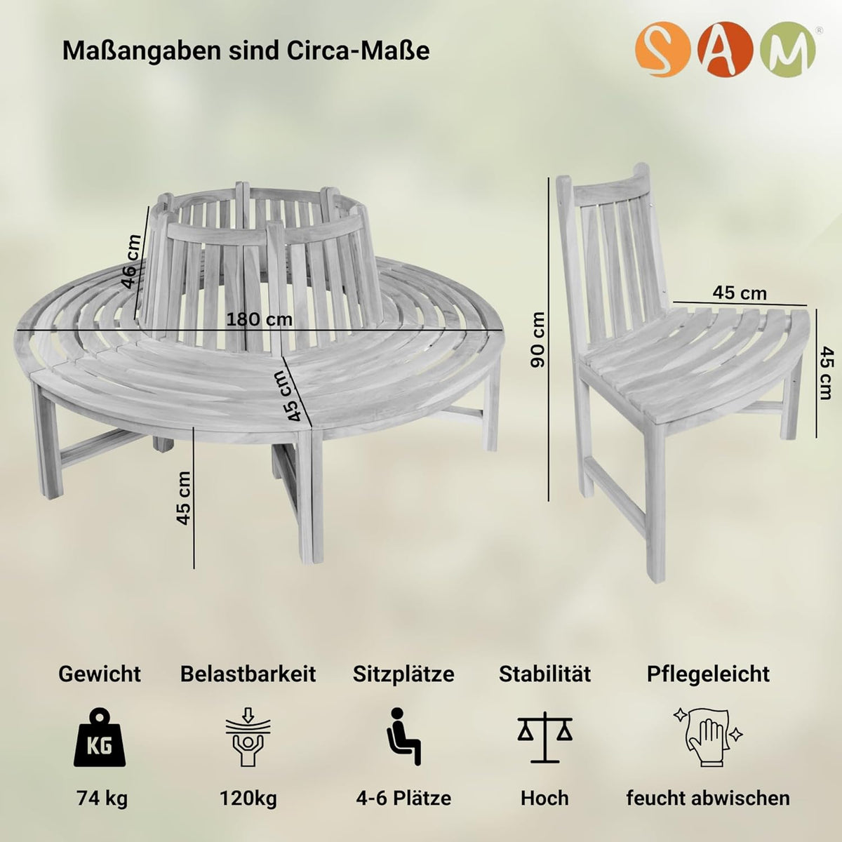SAM Baumbank Timo, 360° kreisrunde Gartenbank, Teakholz massiv, Holzbank aus Massivholz, Sitzbank für den Garten, Durchmesser 180 cm, komplette Rundbank