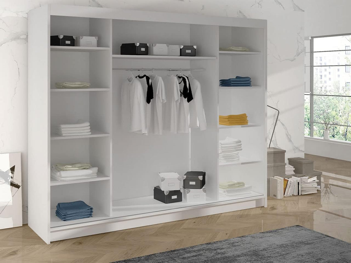 Mirjan24 Kleiderschrank Dotan VI mit Spiegel, Kleiderstange und Fächer, Schlafzimmerschrank, Schwebetürenschrank, Dielenschrank, Garderobenschrank (Weiß/Weiß)