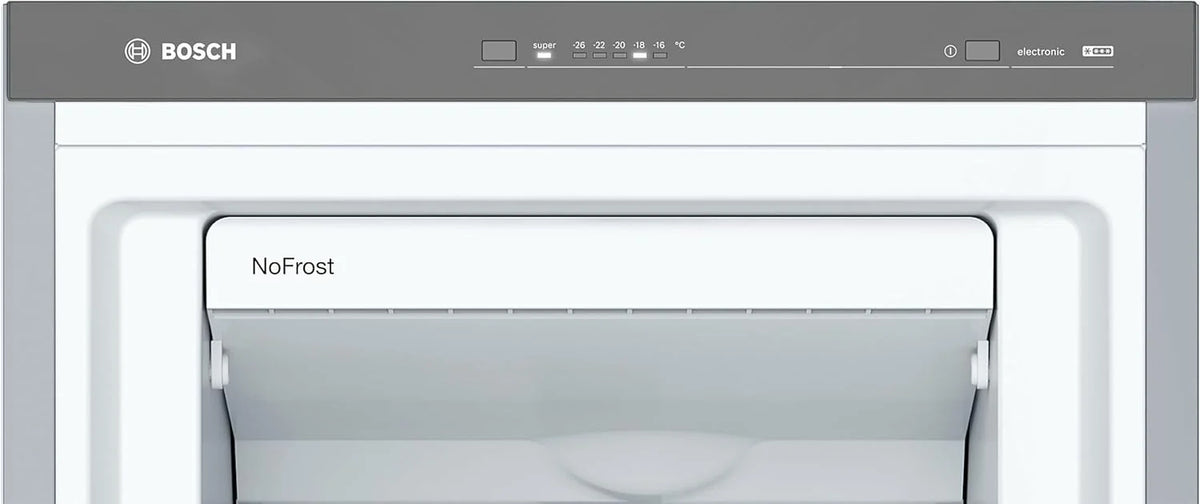 Bosch - Congelador Vertical NoFrost, Serie 4, alto 186 x ancho 60 cm, 242 L, Cajones BigBox para alimentos grandes, Sistema Multiairflow, Acero, GSN29VIEP