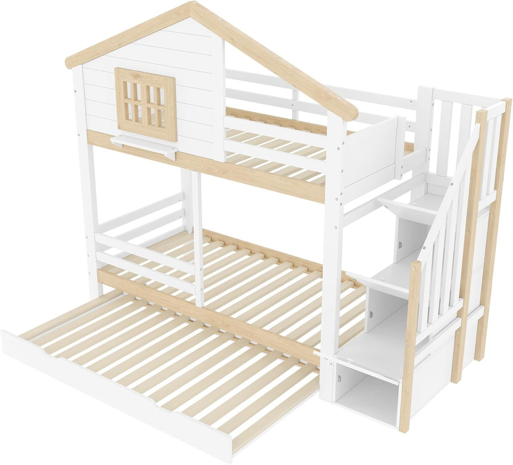 Kinderbett 90x200,Etagenbett für 2 Kinder,Hausbett Hochbett mit Ausziehbett&Treppe&Fenstern&Dach,Holzbett Stauraumbett Stockbett Jugendhochbett mit Rausfallschutz&Lattenrost,Ohne Matratze,Weiß+Natur
