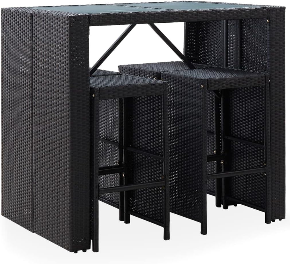 vidaXL Gartenbar Set 5-TLG. Theke Bar Tresen Gartentheke Bartisch Stehtisch Barhocker Barstuhl Gartenmöbel Poly Rattan Glas Schwarz
