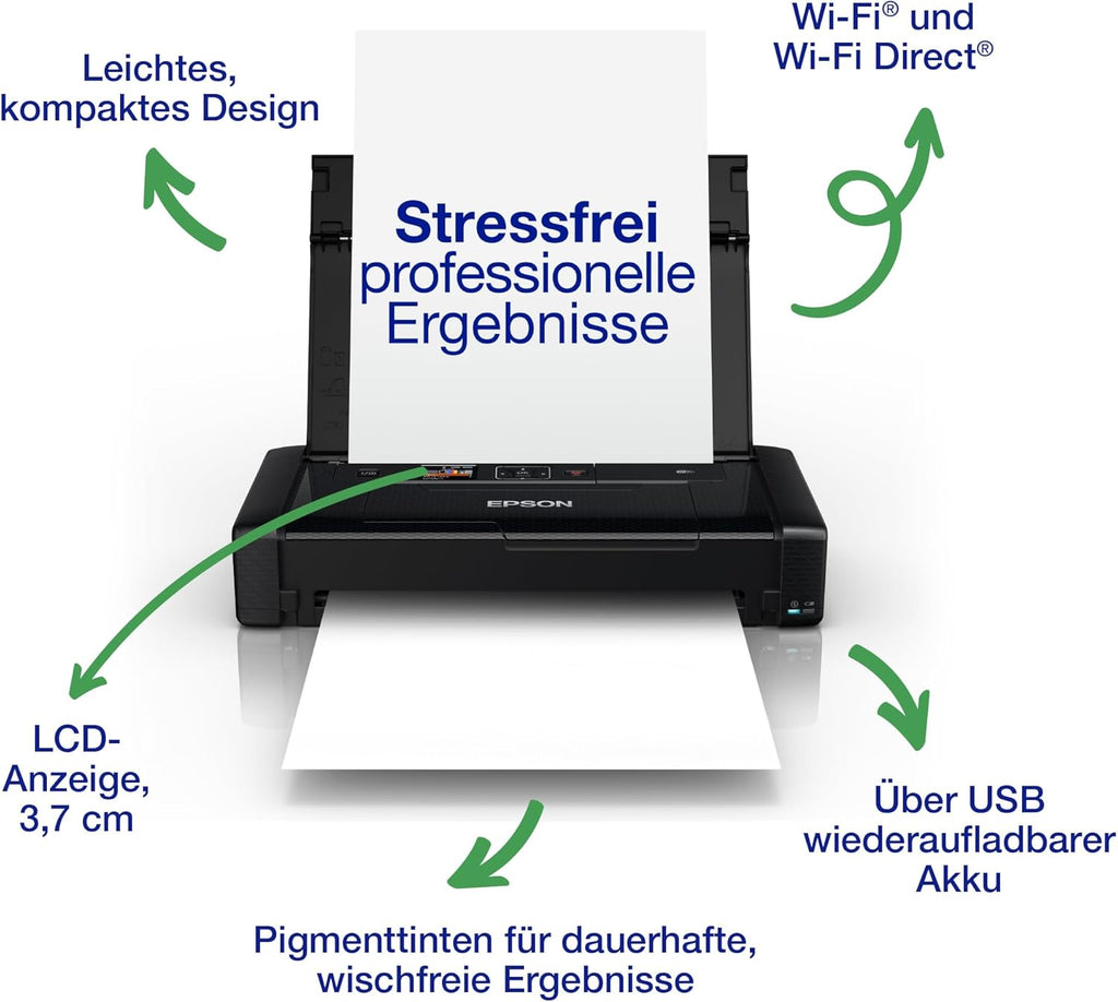 WorkForce WF-110W tragbarer Tintenstrahldrucker (DIN A4, WiFi Direct, Drucker, mobiles Drucken, USB, integrierter Akku, nur 1,6 kg Gewicht) schwarz