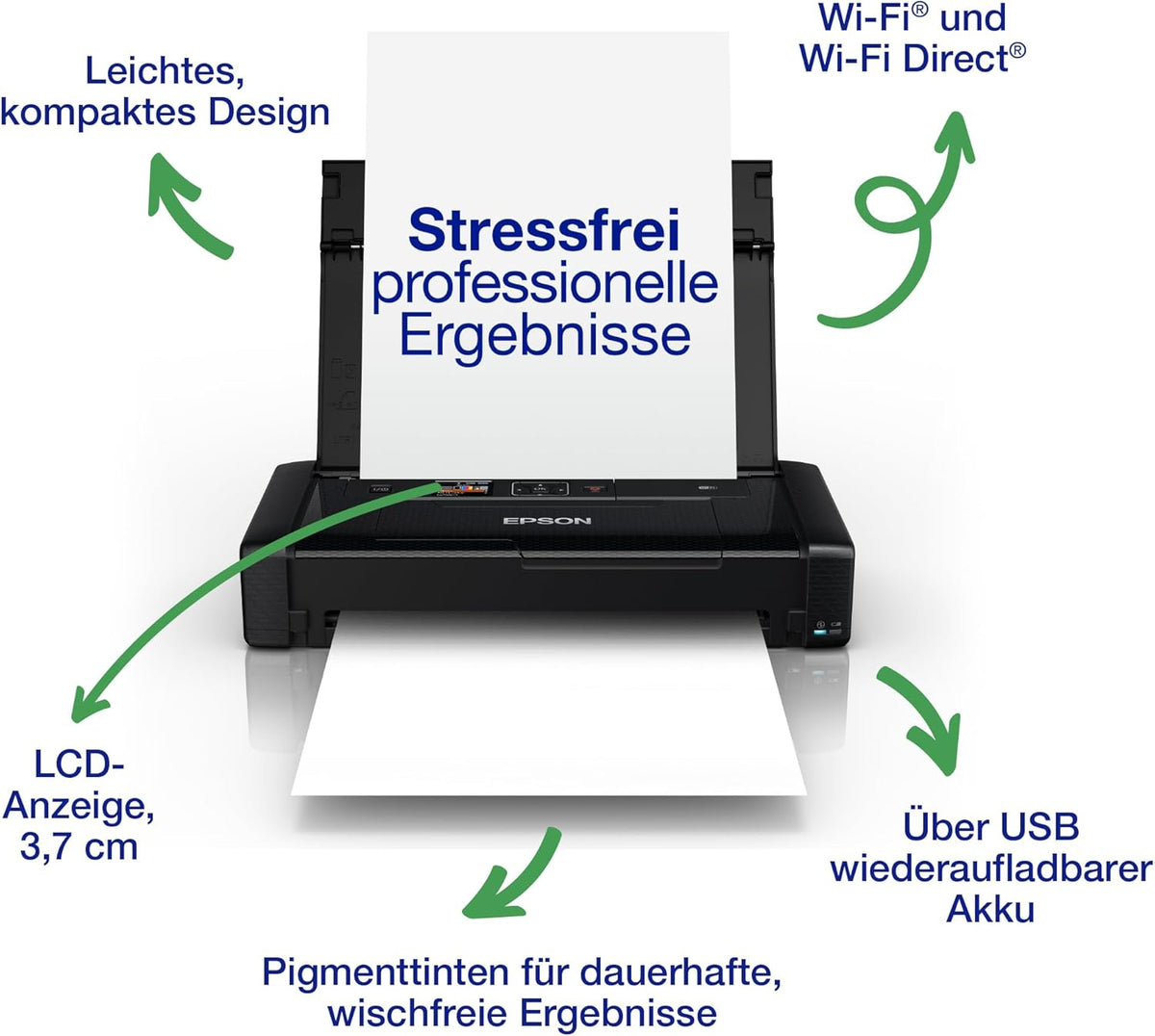 WorkForce WF-110W tragbarer Tintenstrahldrucker (DIN A4, WiFi Direct, Drucker, mobiles Drucken, USB, integrierter Akku, nur 1,6 kg Gewicht) schwarz