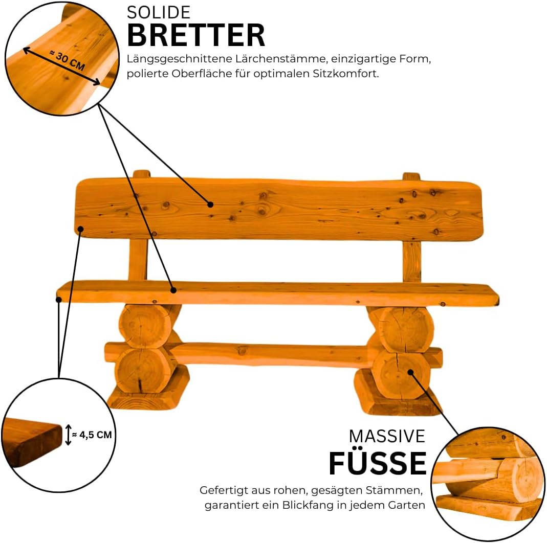 Mega Holz Gartengarnitur Rustikal Pinie Lasiert 200 cm - Aus heimischer Kiefer - Fertig montierte Sitzbank für Terrasse, Garten & Balkon mit Rückenlehne - Zeitloses Design, wetterfest & pflegeleicht