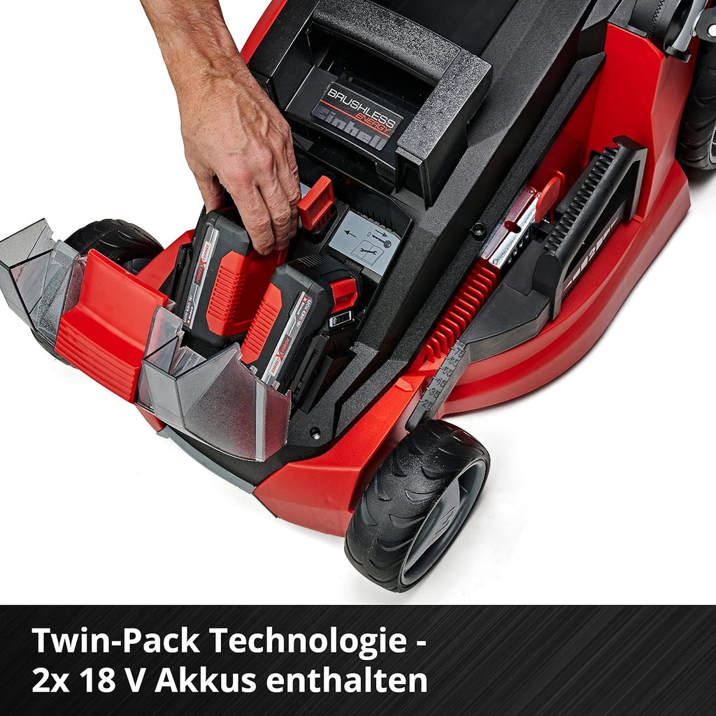 Einhell Akku-Rasenmäher GE-cm 43 Li M Kit Power X-Change (36V, 43 cm Schnittbreite, bis 600 m2, Brushless, Mulch-Kit, 63L Fangkorb, 25-75 mm Schnitthöhe, inkl. 2X 4,0Ah + 2X Ladegerät)