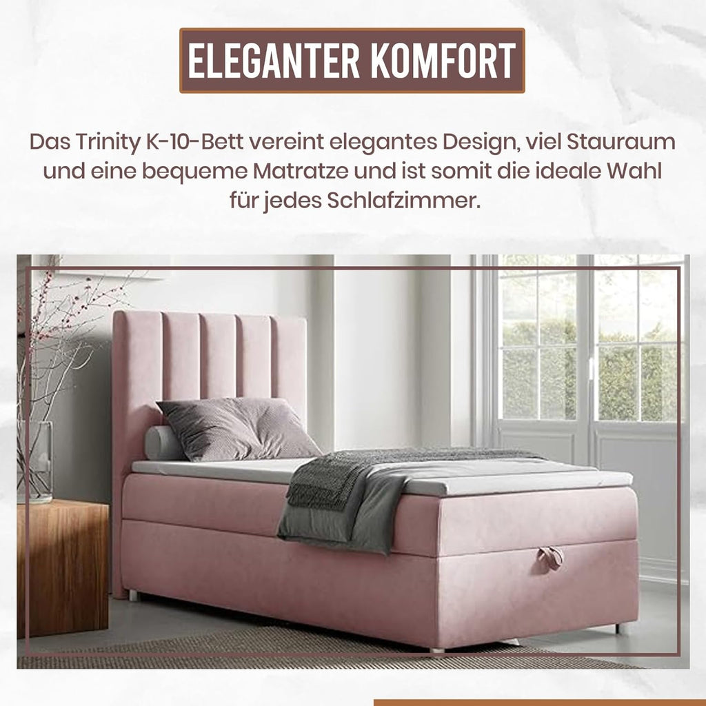 Trinity K10 Einzelbett | Boxspringbett mit Bonell Federkernmatratze | MatratzenTopper | Bett mit Stauraum