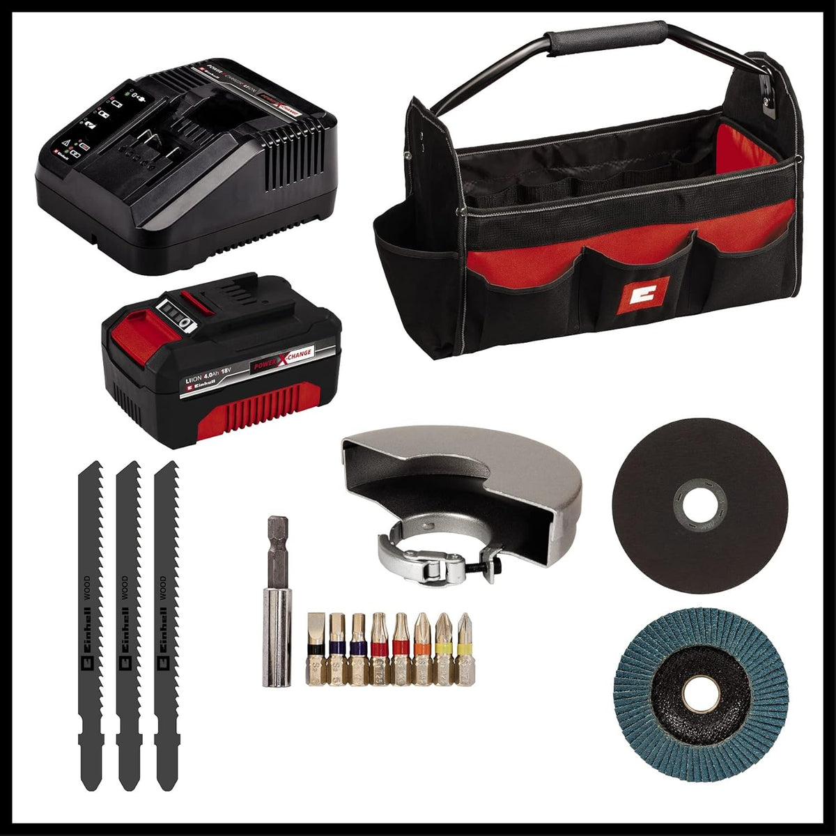 EinhellAkku-Bohrschrauber TE-CD 18/40 + Akkus: Winkelschleifer TC-AG 18/115 Li + Stichsäge TC-JS 18 Li Power X-Change (18 V, inkl. 1x 4,0 Ah Akku, Ladegerät, Zubehör, Tasche)