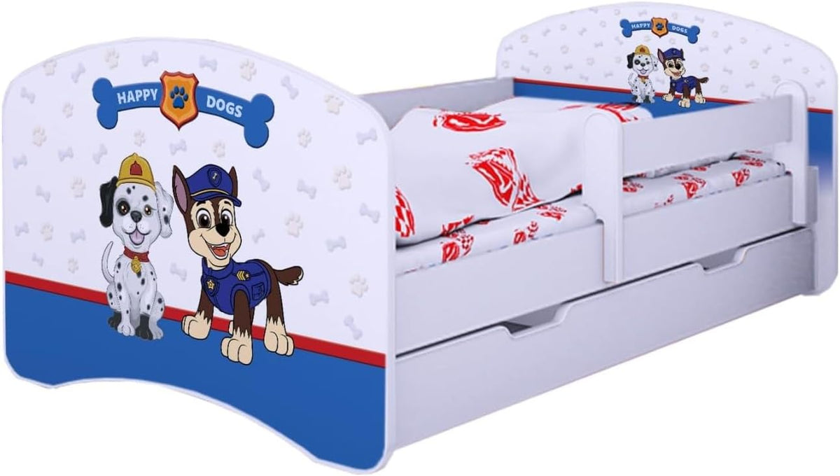 BDW Kinderbett Super Hunde - Babybett mit Matratze und Schublade - Bequem und Langlebig Rausfallschutz Bett - Kinderzimmer - Weiß (180x90)