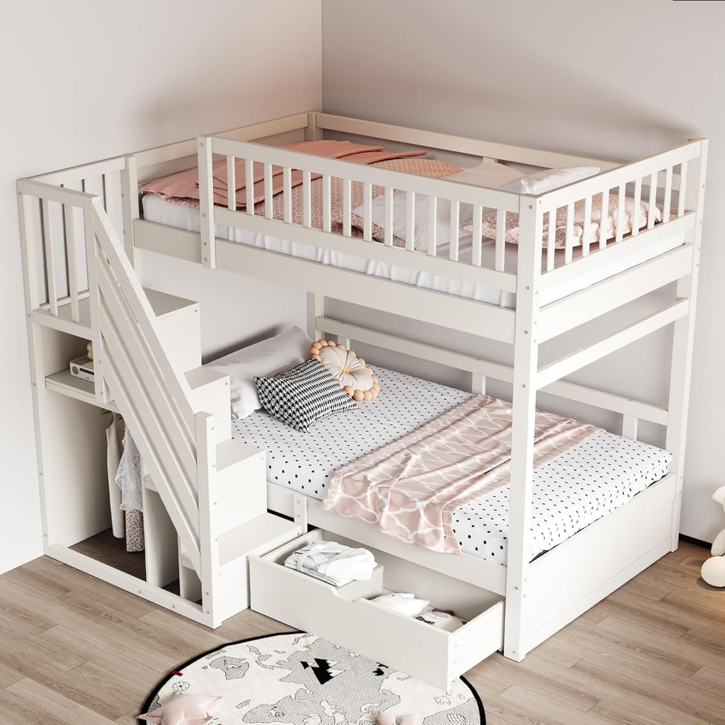 Kinderbett Etagenbett 90x200 Für 2 Kinder, Hochbett mit Treppe&Aufbewahrungsschrank&Schublade, Massivholz Funktionsbett Stockbett Jugendhochbett mit 2xLattenrost & Rausfallschutz, Ohne Matratze, Weiß