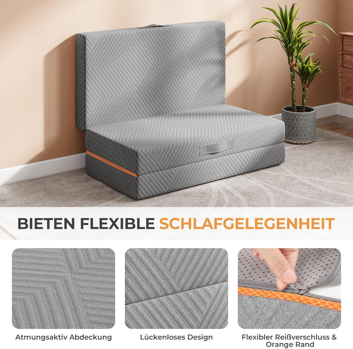Vesgantti Klappmatratze Gästematratze 100x200cm, Höhe 15cm, 3-teilige Gel Schaumstoff Faltmatratze für Reisen, Camping, Boden, Gästebett, waschbarem Bezug Faltbare Matratze Öko-Tex Zertifiziert