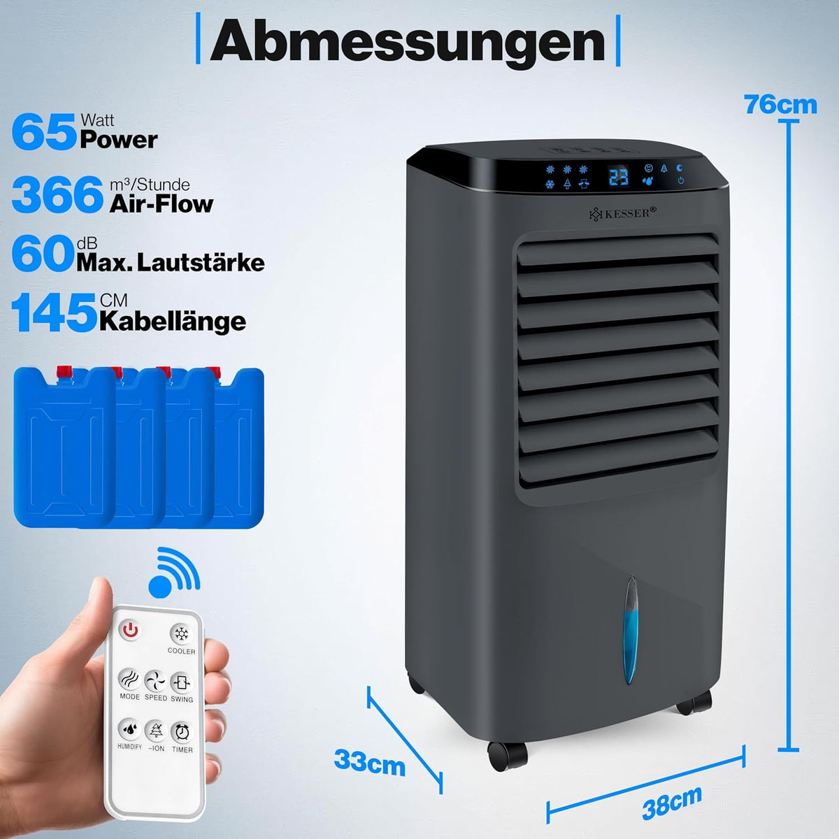 KESSER® Mobile Klimaanlage 4in1 Luftkühler – Air Cooler mit Fernbedienung & Timer, 10L Wassertank, Ionisator & Luftbefeuchter, Ventilator Klimagerät ohne Abluftschlauch, 3 Stufen inkl. Kühlakkus