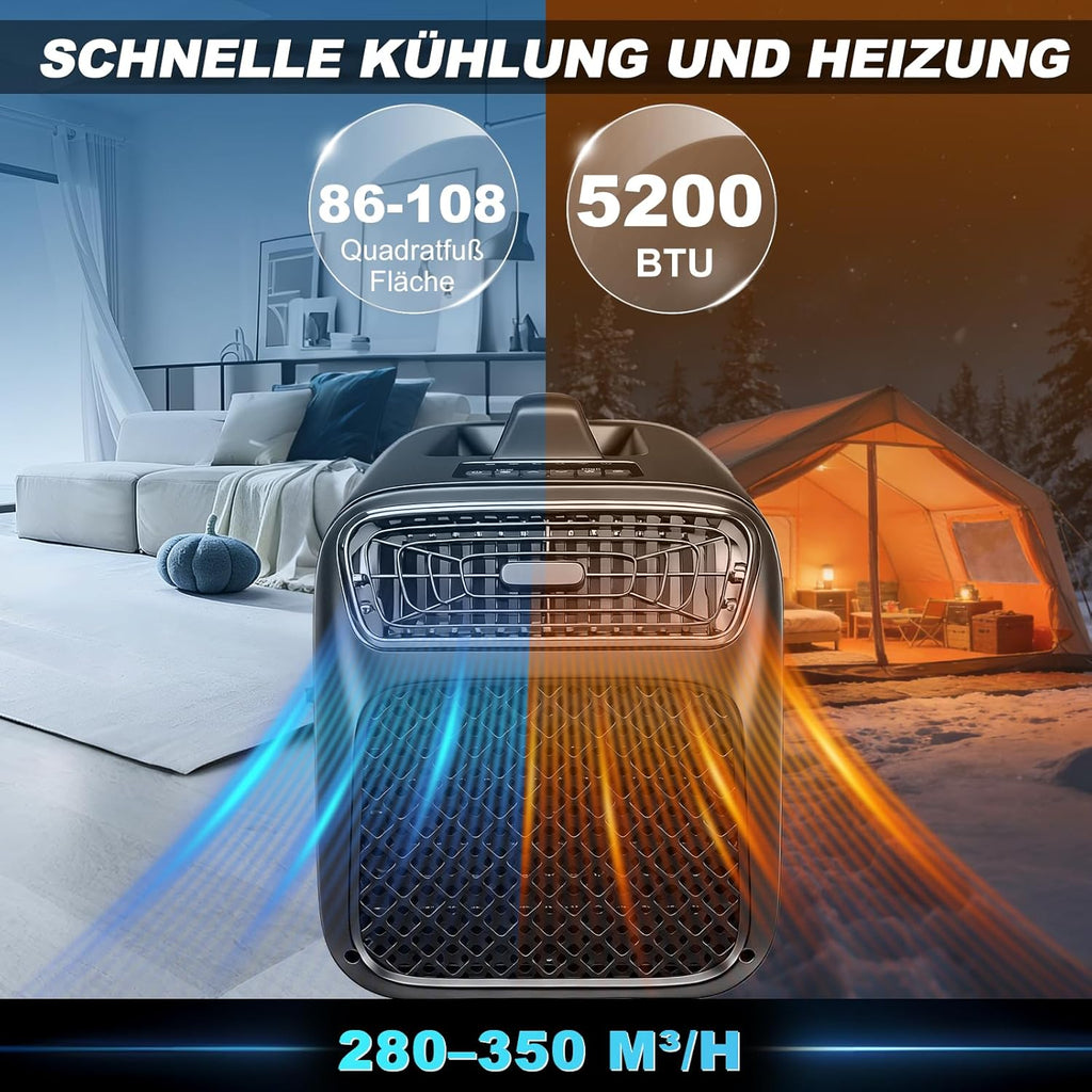 5200 BTU Mobile Klimaanlage mit Abluftschlauch, 10 sqm, 5 in 1 Klimagerät mit Kühlung Entfeuchter Ventilator Heizfunktion, Leise Klimaanlage, Tragbare Camping Klimaanlage für Zelt Wohnmobil Van