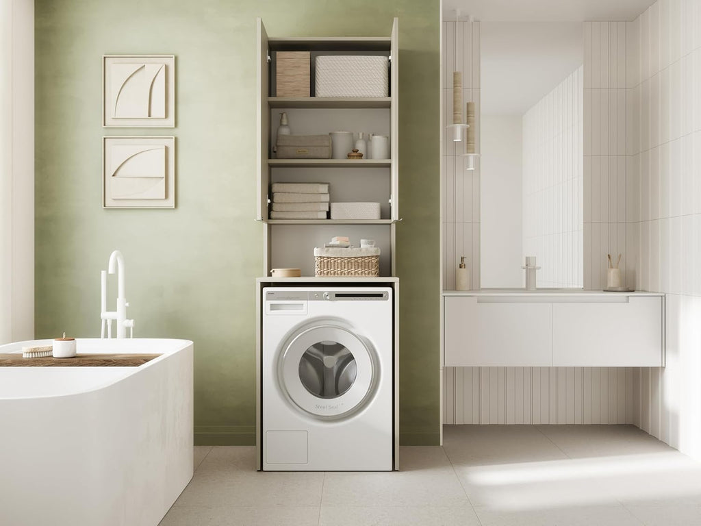 PLATAN ROOM Waschmaschinenschrank Badezimmer Hochschrank Überbauschrank für Waschmaschine und Wäschetrockner 210 x 65 x 50/56 cm weiß (Kaschmir (beige), 56 cm tief)