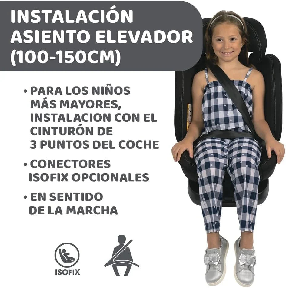 Chicco Unico EVO I'Size Classic, Silla de Coche ISOFIX para Bebés y Niños de 40 a 150 cm, Grupo 0123 Desde Recién Nacido hasta 12 Años, Giratoria 360º, Reductor, Ajustable y Protección Lateral, Negra