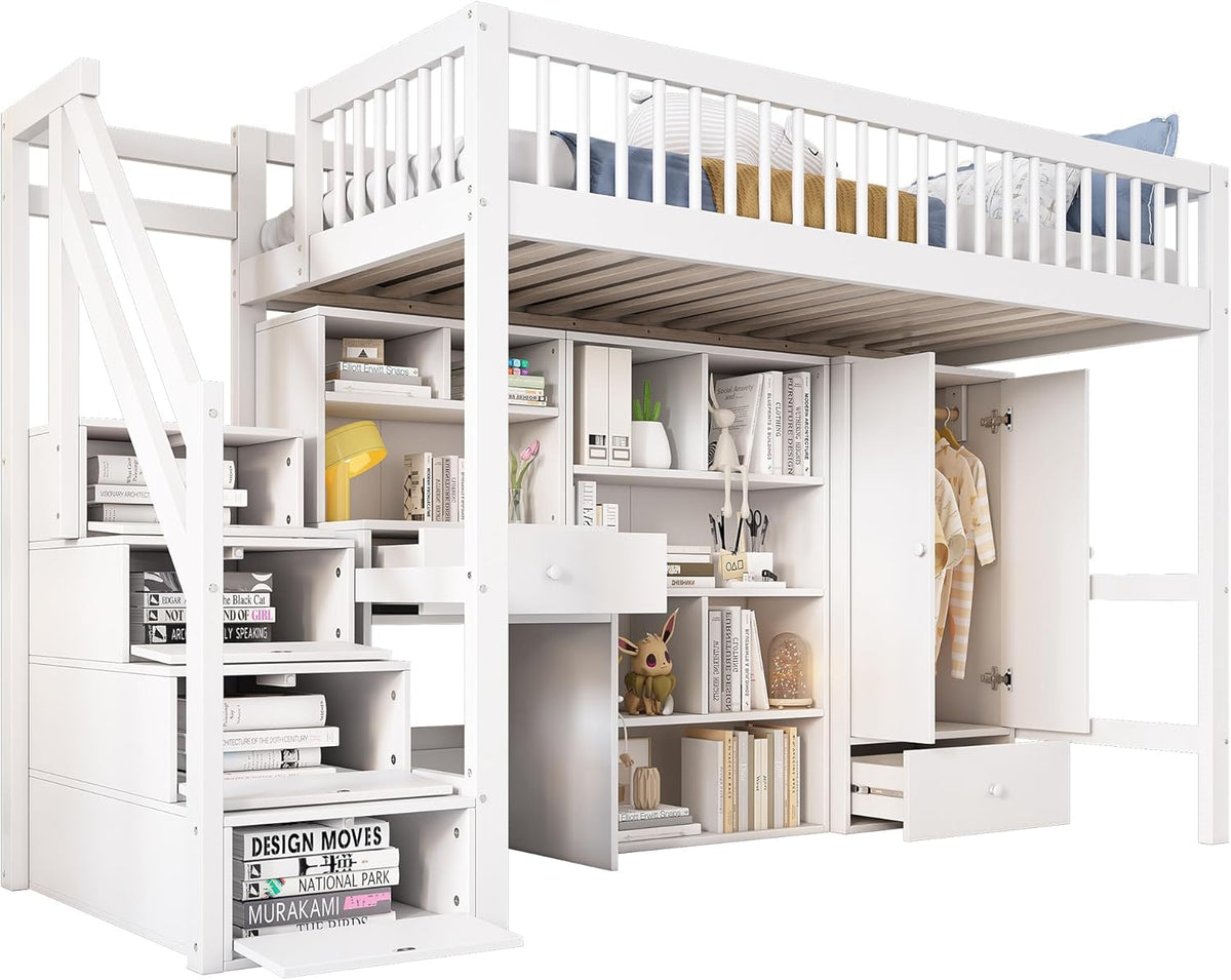 Kinderbett Etagenbett 90x200, Hochbett mit Kleiderschrank&Schließfächern&Schubladen&Schreibtisch&Treppe, Einzelbett Holzbett Jugendbett mit Lattenrost&Rausfallschutz, Massivholz, Ohne Matratze, Weiß