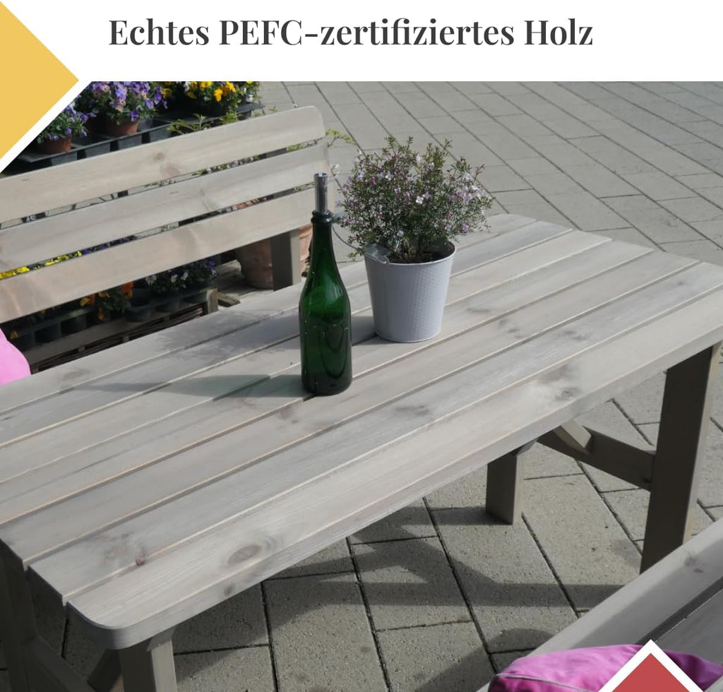 Gartengarnitur aus Holz | Set bestehend aus Gartentisch & Bänken mit Lehne | Hochwertige Sitzgarnitur für den Garten | PEFC-zertifizierte Gartenmöbel für Draußen (Grau)