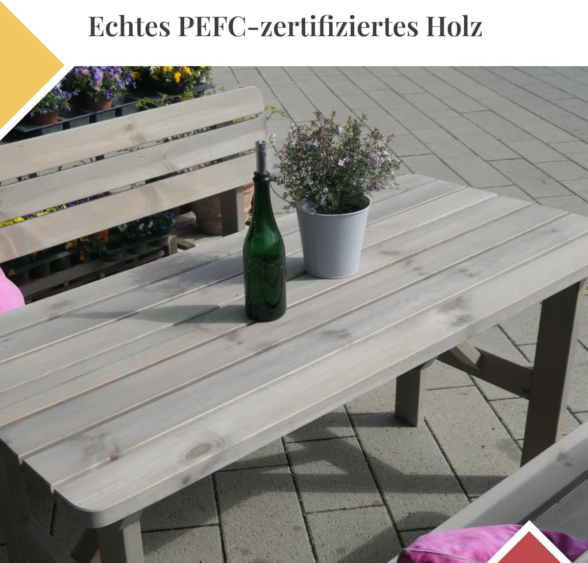 Gartengarnitur aus Holz | Set bestehend aus Gartentisch & Bänken mit Lehne | Hochwertige Sitzgarnitur für den Garten | PEFC-zertifizierte Gartenmöbel für Draußen (Grau)