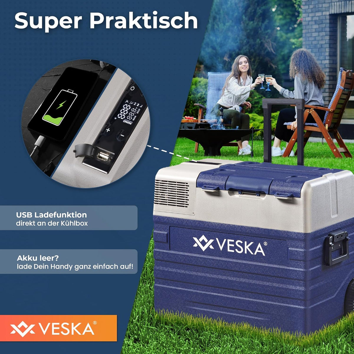 Kompressor Kühlbox elektrisch, Gefriertruhe mit APP-Steuerung, USB-Anschluss, 12/24V, 230V, Räder, transportabler Kühlschrank, Kühltruhe, Gefrierbox bis -20 °C für Auto, LKW, Boot (52L - anthrazit)