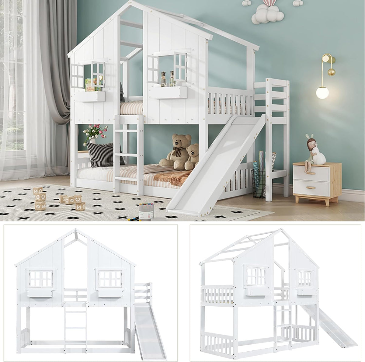 Etagenbett Kinderbett 90x200, Hochbett Hausbett für 2 Kinder, Stockbett mit Rutsche&Leiter&Fenstern&Dach&Aufbewahrungsbox, Doppelbett Holzbett mit Lattenrost&Rausfallschutz, Kiefer, Ohne Matratze,Weiß