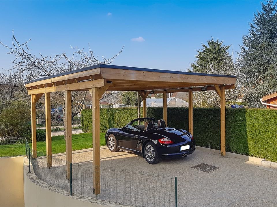 Holz-Carport CASTELLANE 558X555 Integrierte Bodenplatte - Holzdach + Bitumenpappe - Carport - Autoklav - 2 Autos