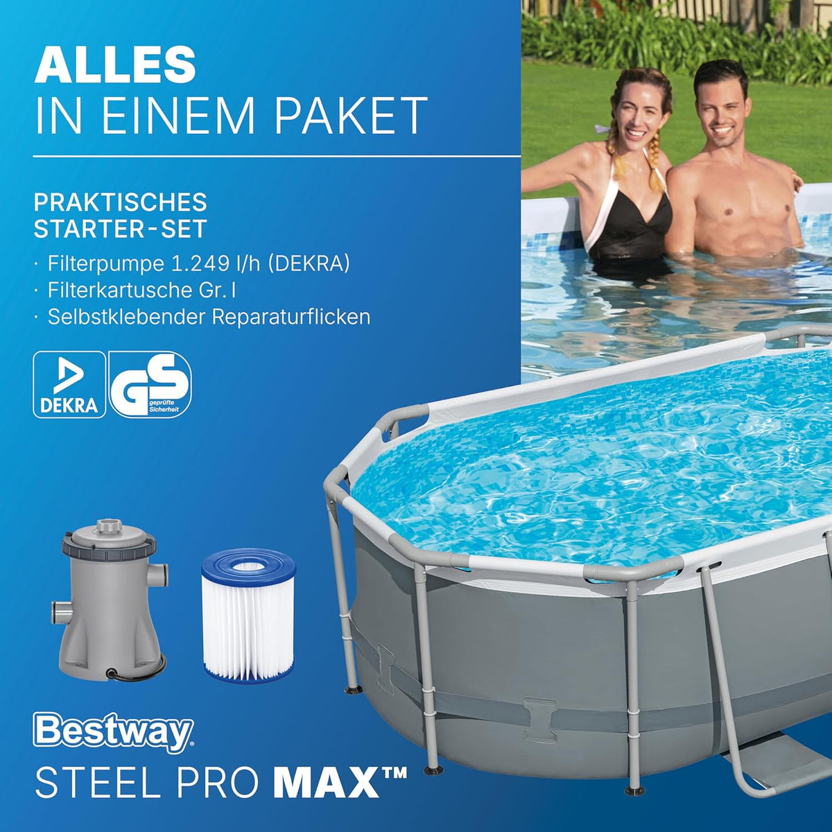 Bestway Power Steel Frame Pool Set mit Filterpumpe 305 x 200 x 84 cm, grau, oval