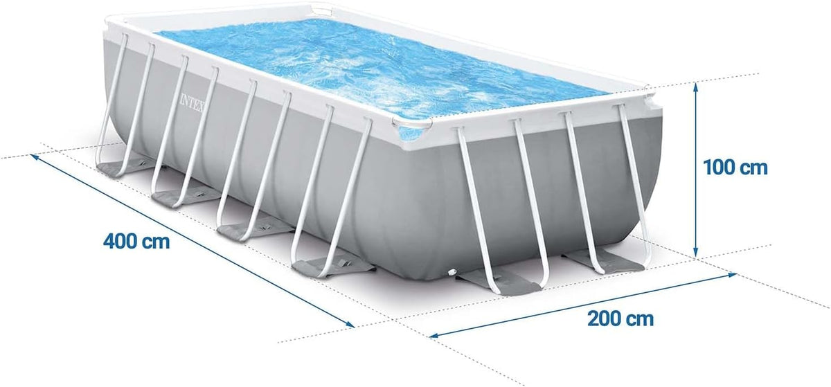 INTEX "PrismFrame" Pool rechteckig Aufstellpool Komplettset (400 x 200 x 100 cm) inkl. 12V Filterpumpe & Sicherheitsleiter Familienpool Swimmingpool Volumen ca 6.836l, blau (26788GN)