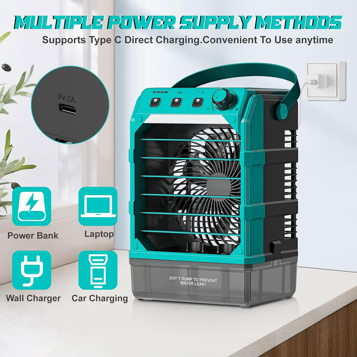 Ventilator mit Wasserkühlung Kompatibel für Makita 18V Akku und USB-betrieben，Luftkühler mobil mit Wasserkühlung,Ventilator mit Luftbefeuchter für Terrasse, Garage Urlaub Sport Büro Garten