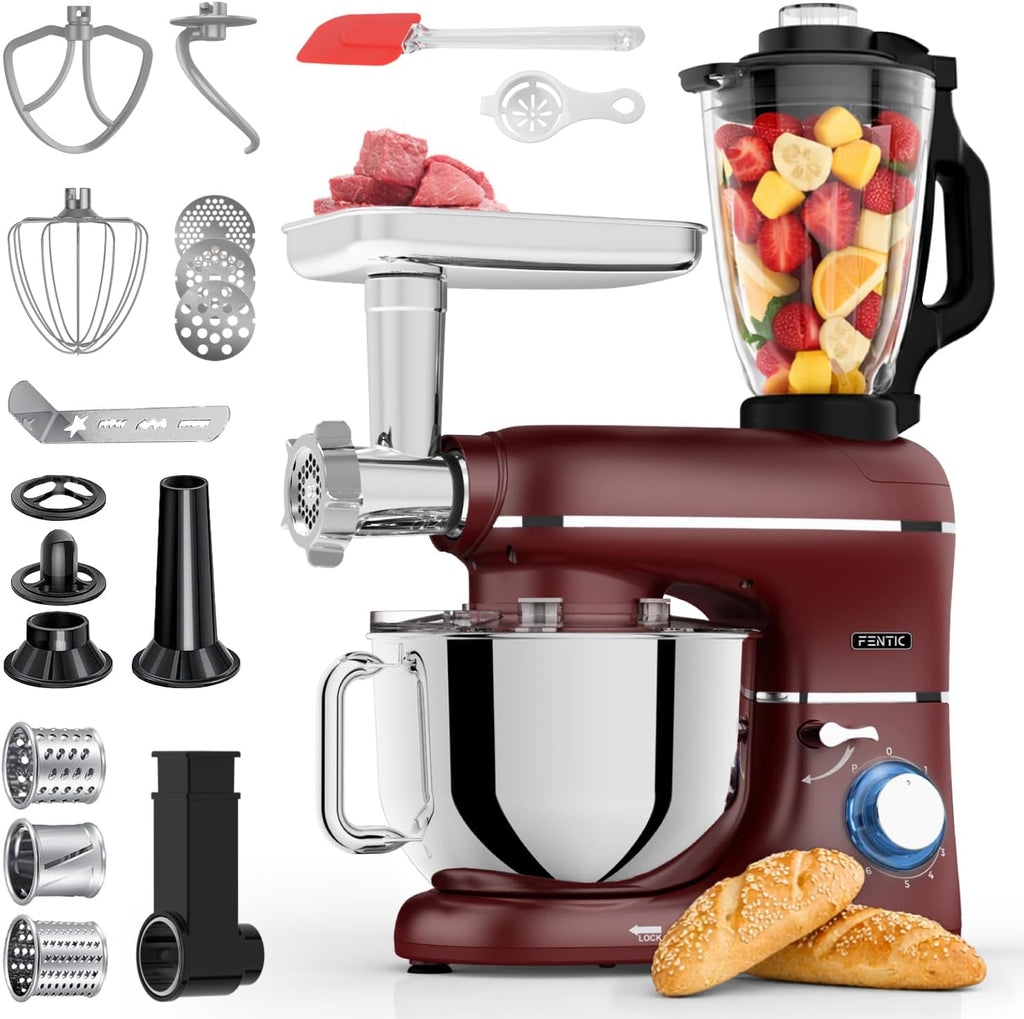 6-in-1 Küchenmaschine – 2000W – Mit Fleischwolf, 1,5L Entsafter, Gemüseschneider und Mehr – Knetmaschine mit 6,2L Rührschüssel, Rührhaken, Knethaken, Schlagbesen und Spritzschutz (Rot)