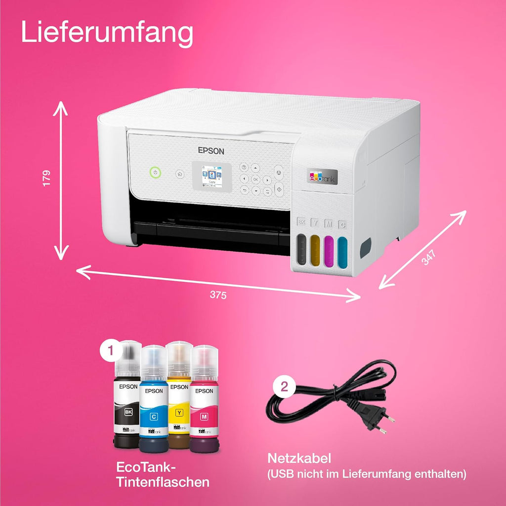 EcoTank ET-2876 Tintentankdrucker für vielbeschäftigte Haushalte WLAN A4 Drucken, Kopieren, Scannen 3.7 cm LCD-Bildschirm inkl. Tinte für bis zu 3 Jahre