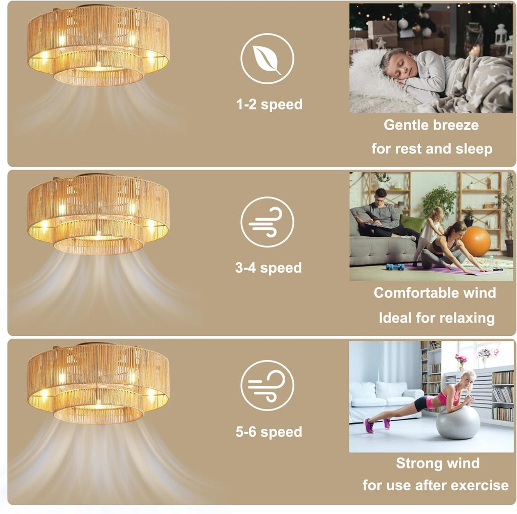 KZT Rattan Deckenventilator mit Beleuchtung und Fernbedienung E27 Deckenleuchte mit Ventilator Retro Boho Bambus Gewebt Lampe mit Ventilator Schlafzimmer Wohnzimmer Deckenventilator mit Licht Ø50CM