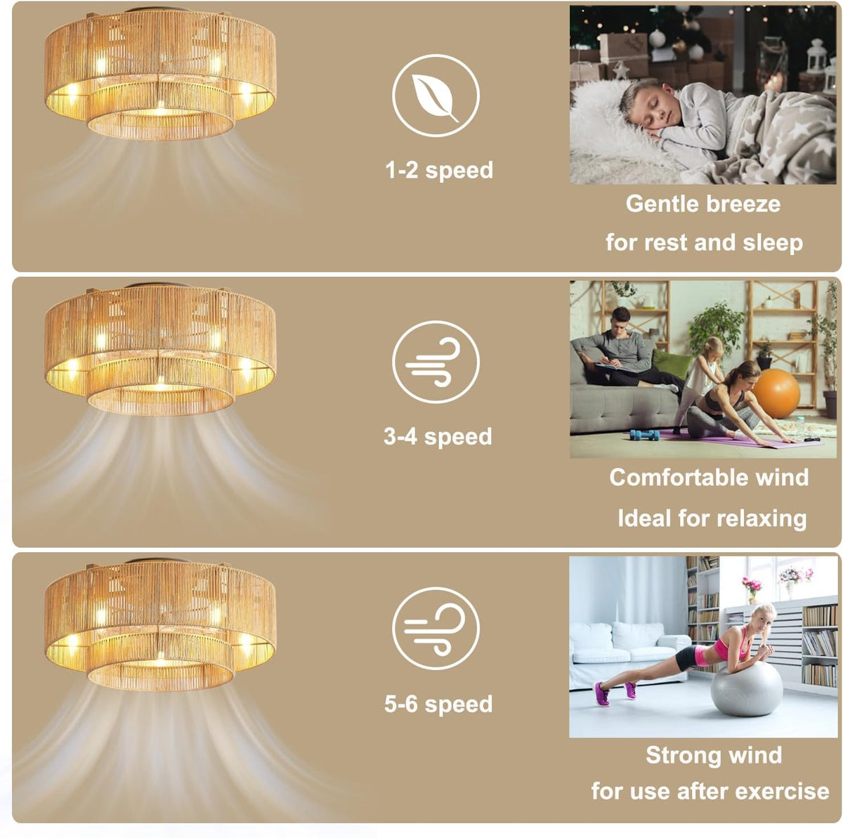KZT Rattan Deckenventilator mit Beleuchtung und Fernbedienung E27 Deckenleuchte mit Ventilator Retro Boho Bambus Gewebt Lampe mit Ventilator Schlafzimmer Wohnzimmer Deckenventilator mit Licht Ø50CM