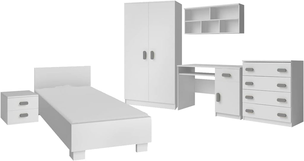 Fabryka Mebli Idźczak Kinderzimmer-Set Jonas I 01 - Schrank, Bett, Wandregal, Kommode, Schreibtisch, Nachttisch - Kleiderschrank - Skandinavischer Stil, Modern Design - Weiß/Grau
