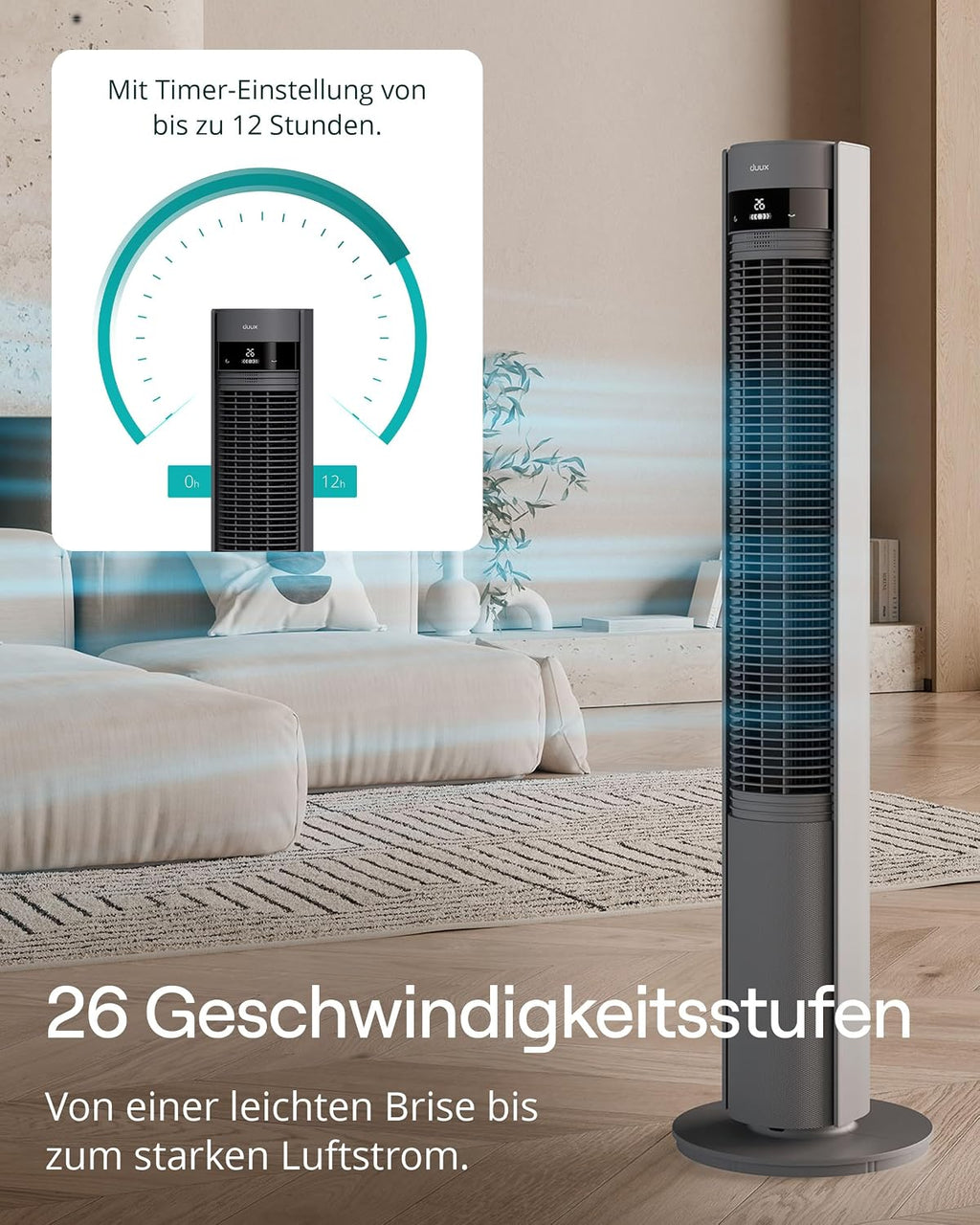 Duux Elevate Turmventilator – 12 Geschwindigkeiten, 80° Oszillation, Nur 25 dB, Ionisator, Timer (1–12h), Schlafmodus, Touch & Fernbedienung – Leiser & Smart Ventilator für Schlafzimmer/Büro - Grau