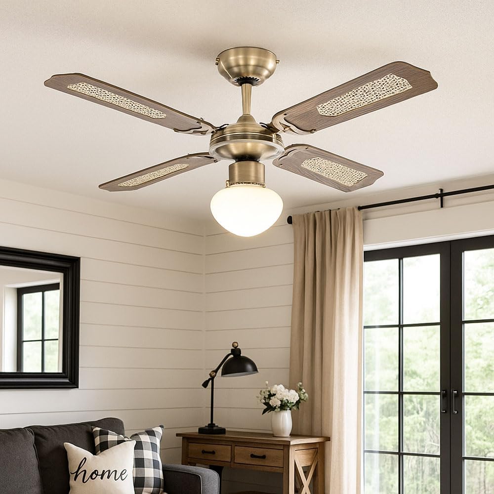 LED Deckenventilator mit Zugschalter Ventilatorlampe Decke 3 Stufen Ventilator Deckenleuchte, Vor-Rücklauf, Eiche Geflecht Glas Altmessing, 1x LED 9W 810Lm, D 106,6 cm