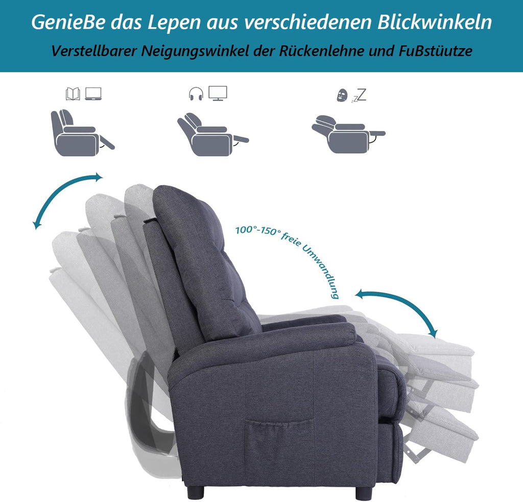 Mingone Relaxsessel, Fernsehsessel mit Liegefunktion, TV-Sessel mit Taschenfederkern, Gepolstert Liegesessel Ruhesessel Leinen Dunkelgrau für Wohnzimmer Schlafzimmer bis 150kg